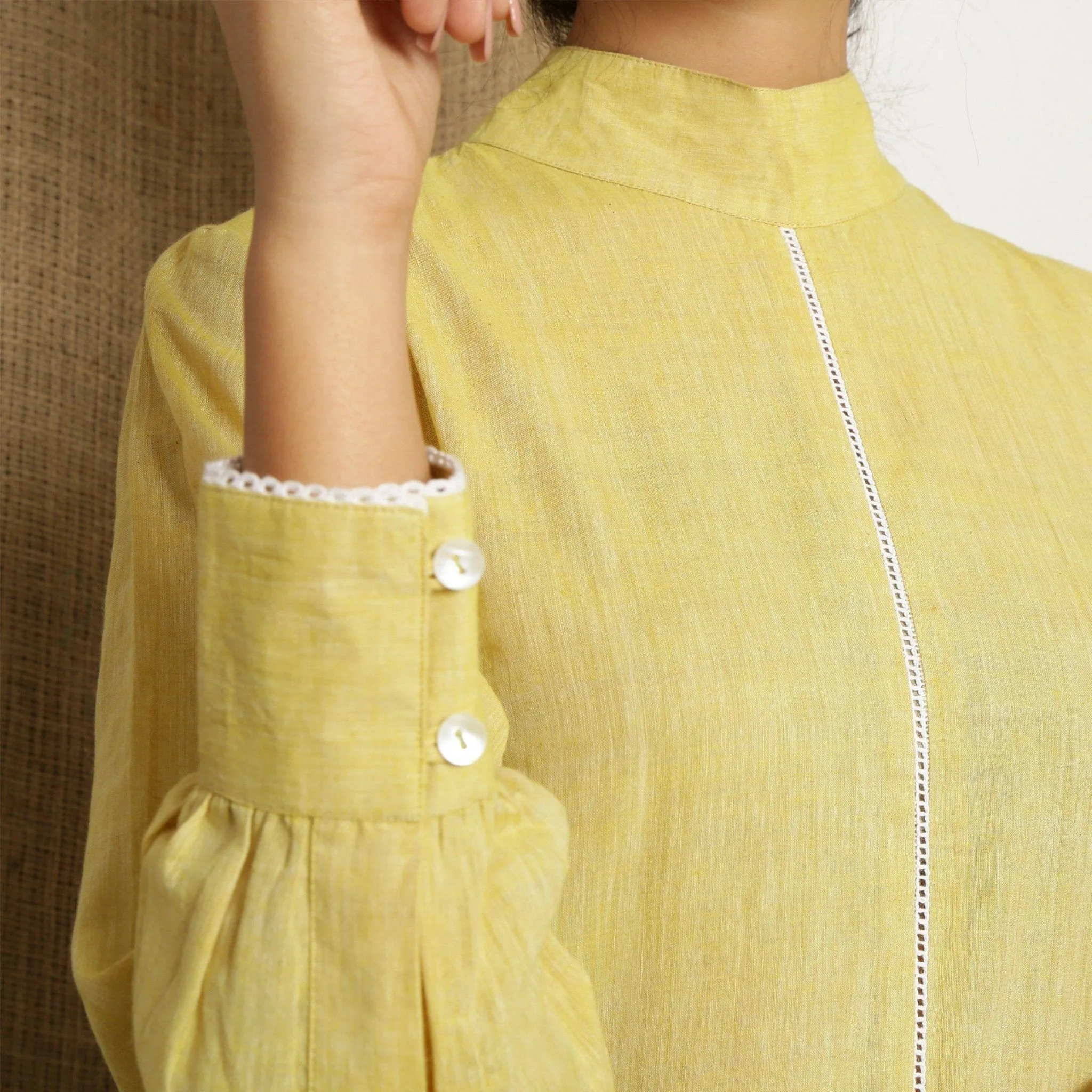 Light Yellow Yarn Dyed Handspun Cotton Lace Halter Neck Top