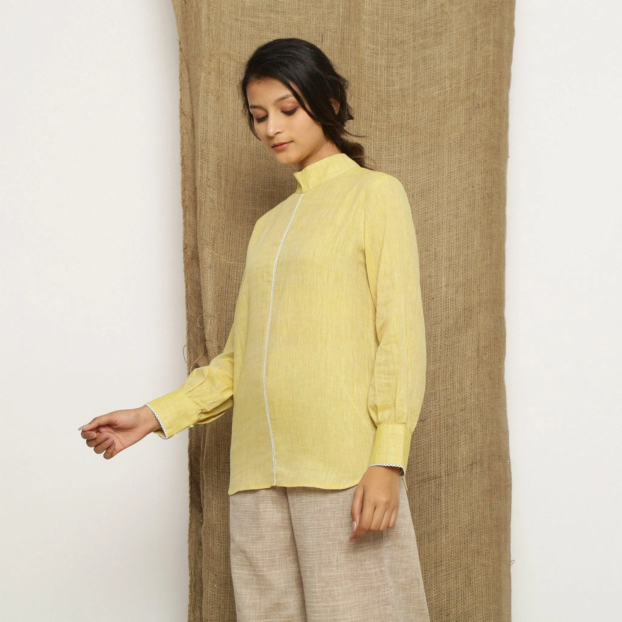 Light Yellow Yarn Dyed Handspun Cotton Lace Halter Neck Top