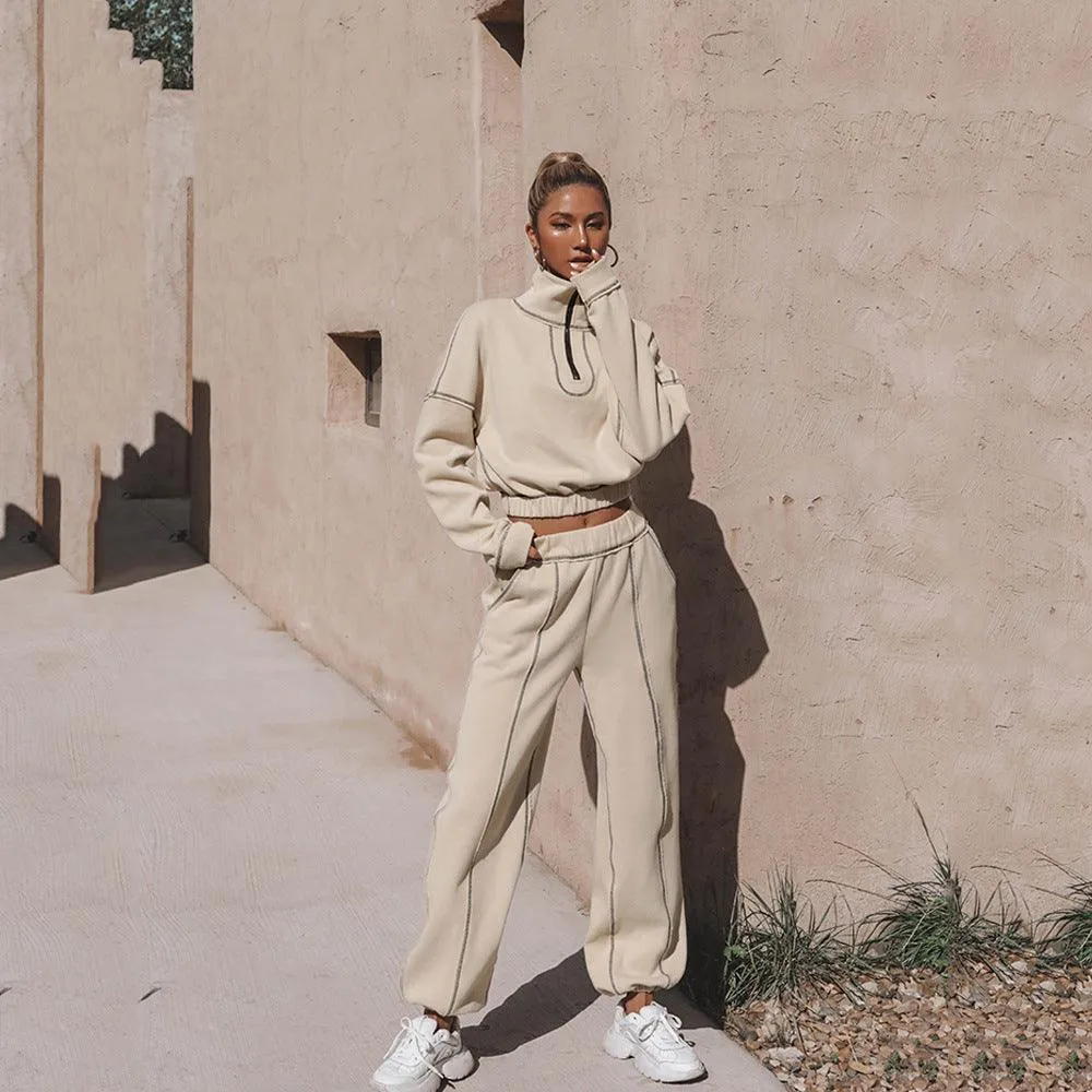 Long Sleeve Turtleneck Zipper Sweatshirt with Loose Straight-Leg Pants - Stylish & Comfortable