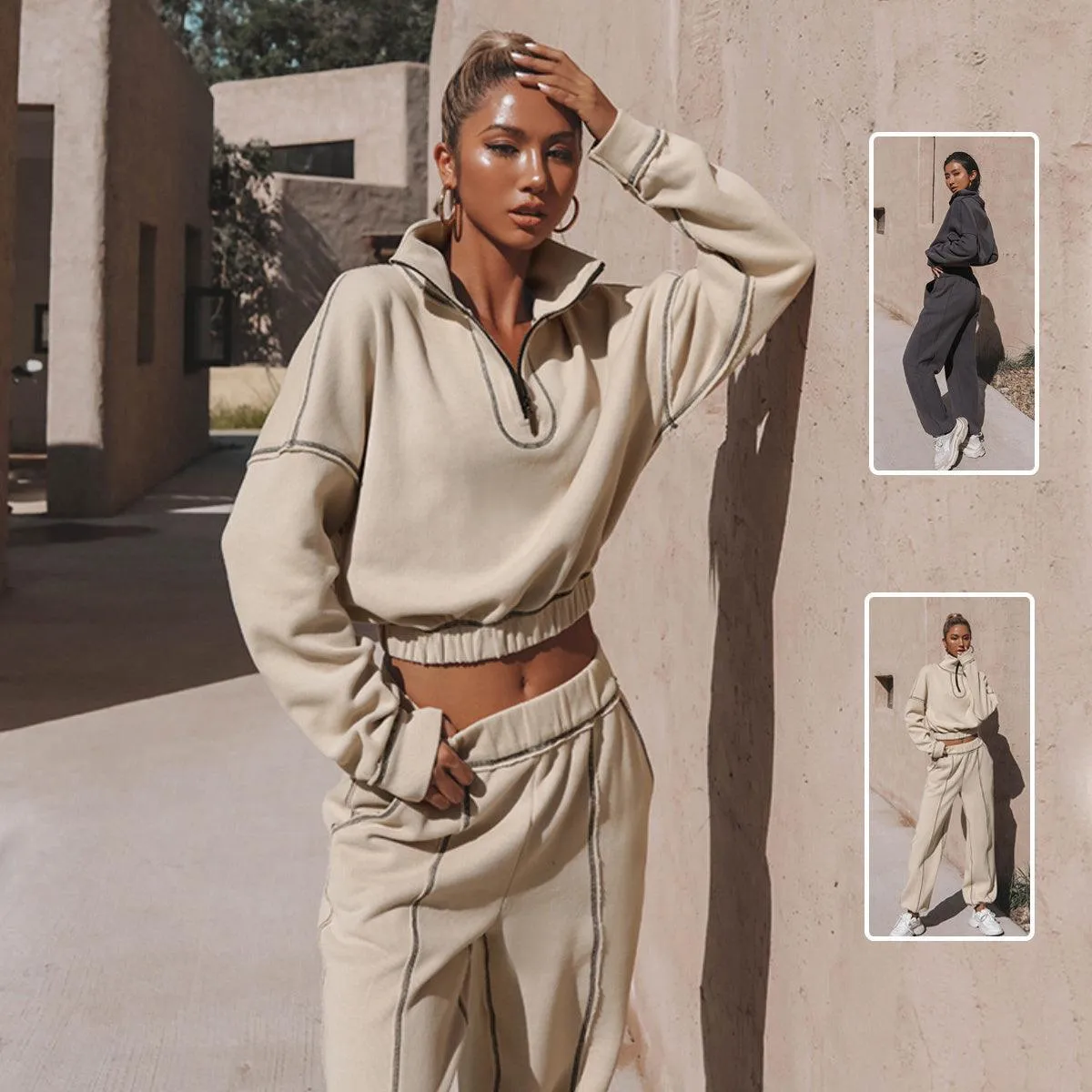 Long Sleeve Turtleneck Zipper Sweatshirt with Loose Straight-Leg Pants - Stylish & Comfortable