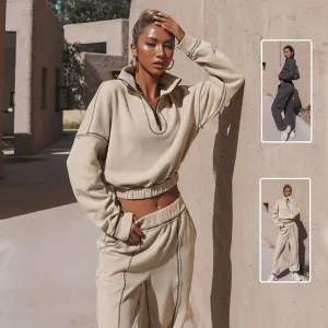 Long Sleeve Turtleneck Zipper Sweatshirt with Loose Straight-Leg Pants - Stylish & Comfortable