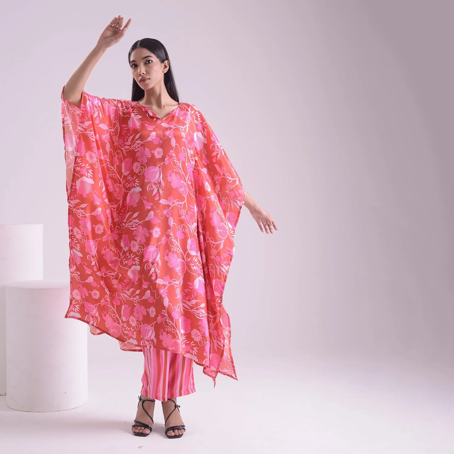 Majestic pink silk kaftan style suit set of 2