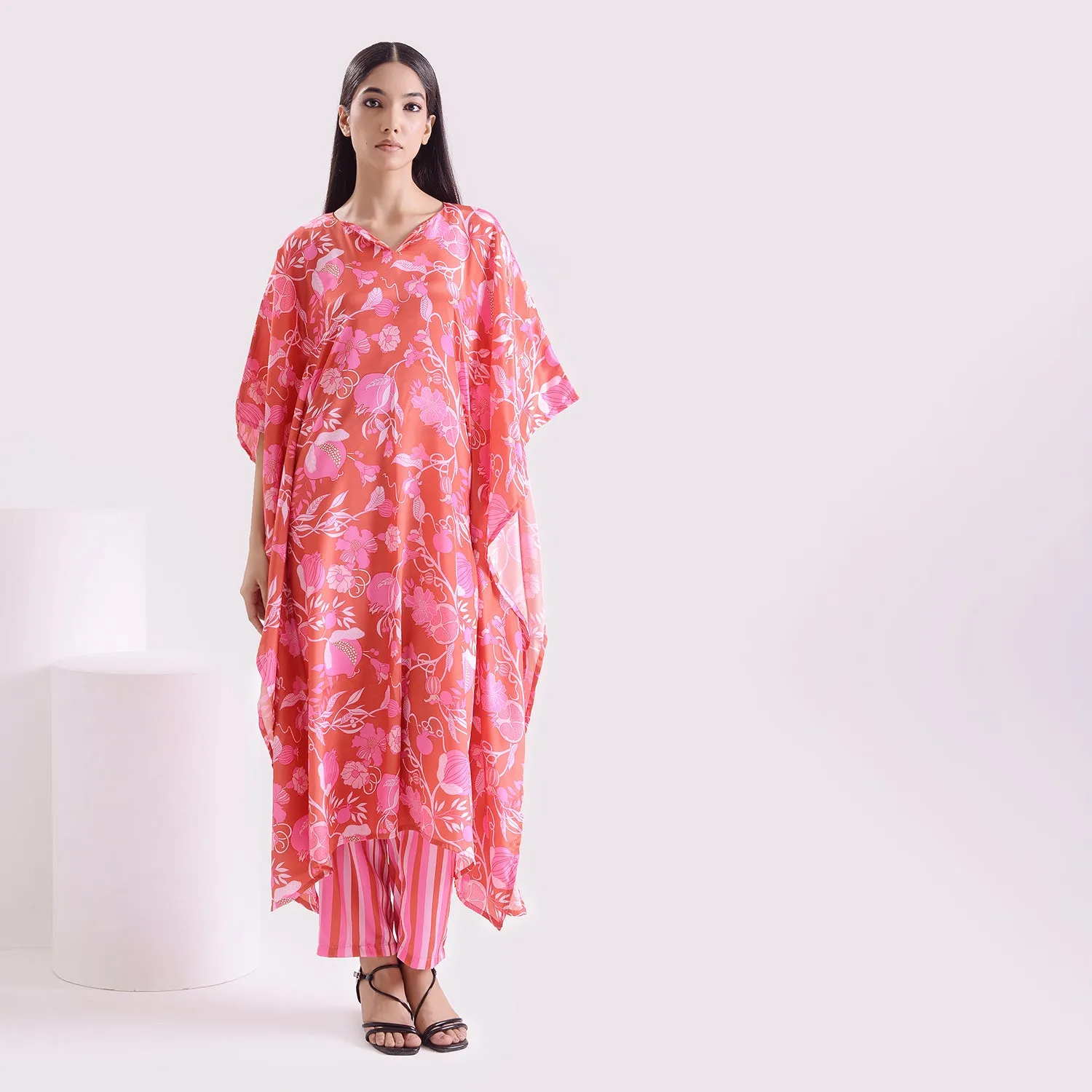 Majestic pink silk kaftan style suit set of 2