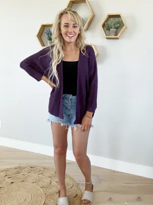 No Problem Dolman Sleeve Open Front Cardigan in Plum