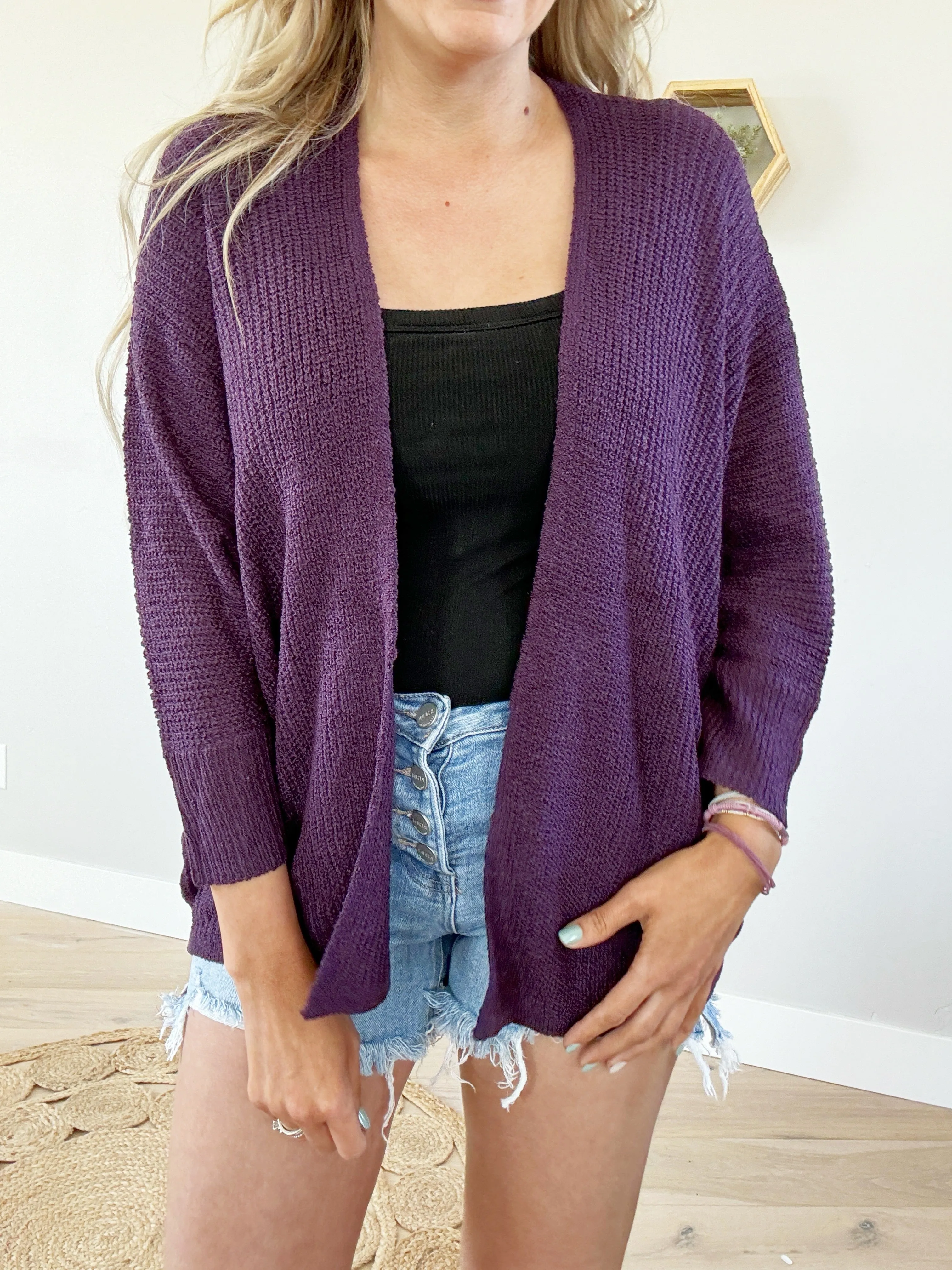 No Problem Dolman Sleeve Open Front Cardigan in Plum