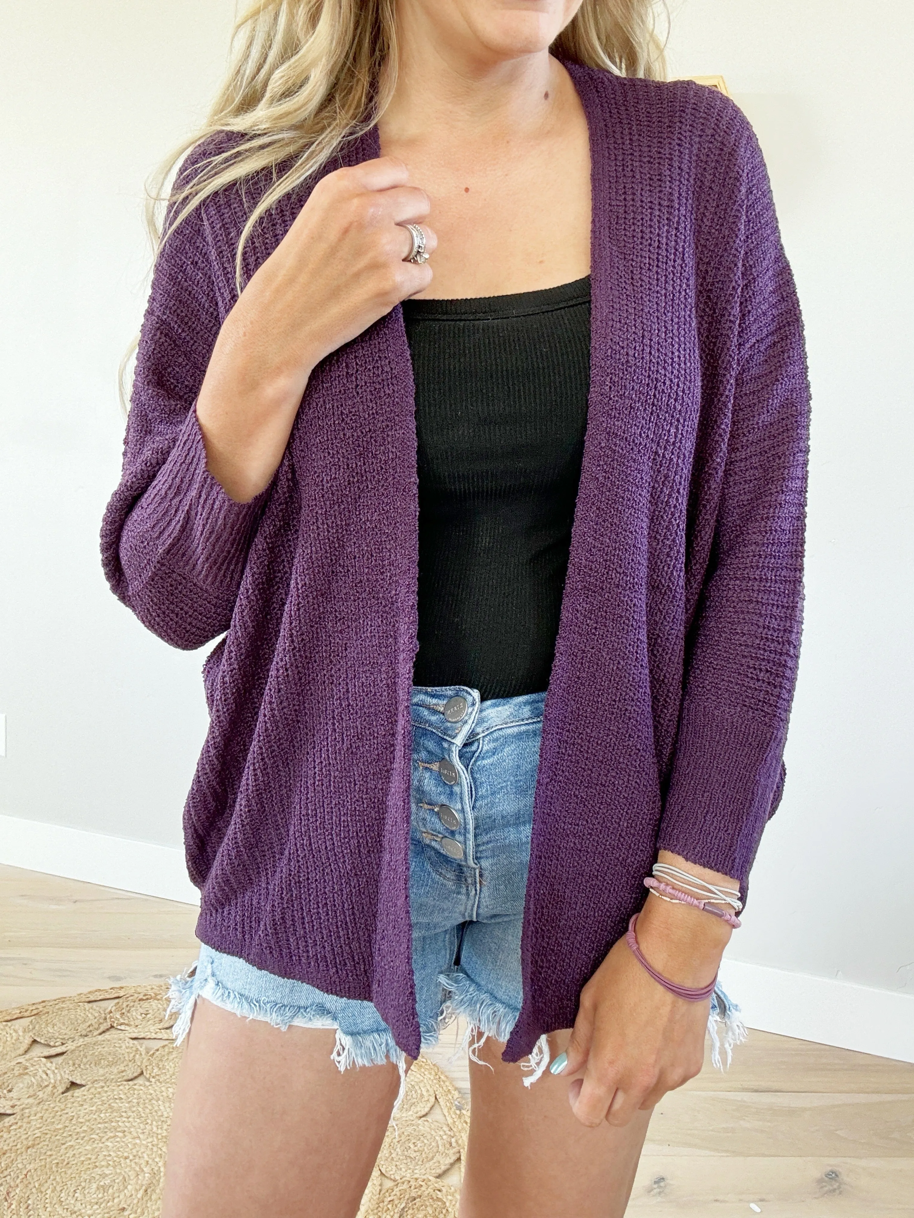 No Problem Dolman Sleeve Open Front Cardigan in Plum