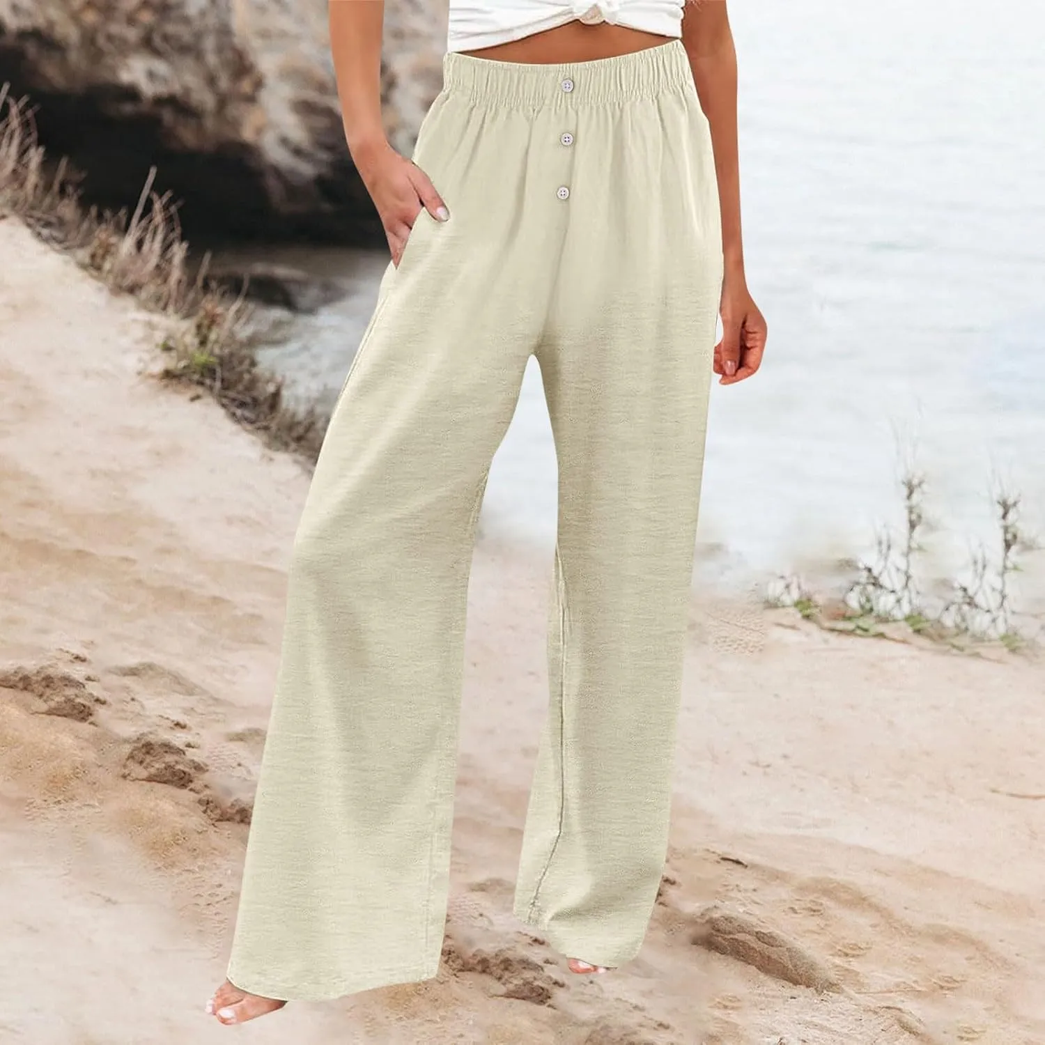 Plus Size Linen Pants Women Pull On High Waisted Casual Loose Pants 2024 Summer Boho Beach Pants with Pockets