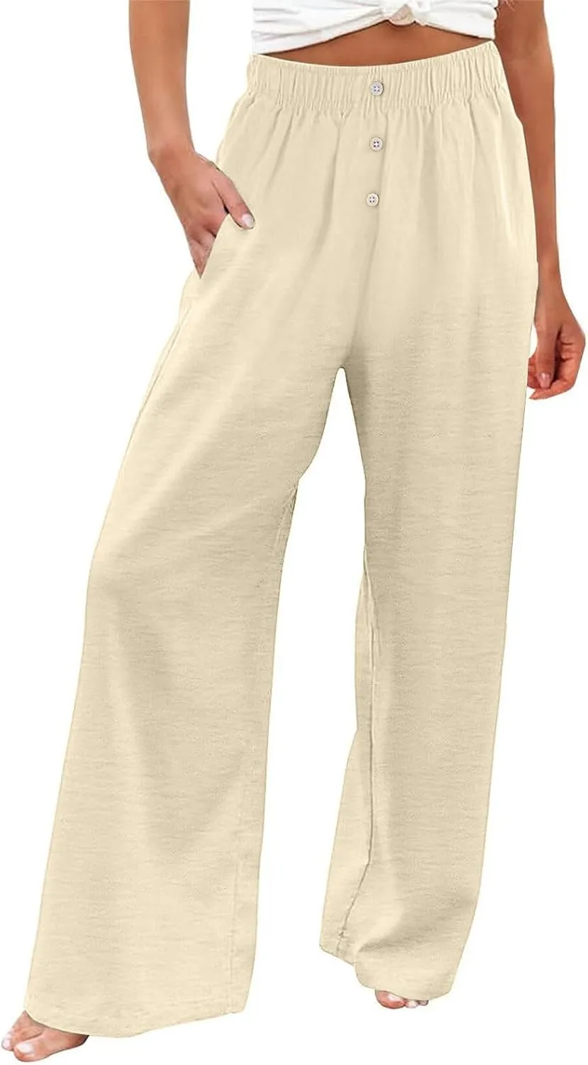 Plus Size Linen Pants Women Pull On High Waisted Casual Loose Pants 2024 Summer Boho Beach Pants with Pockets