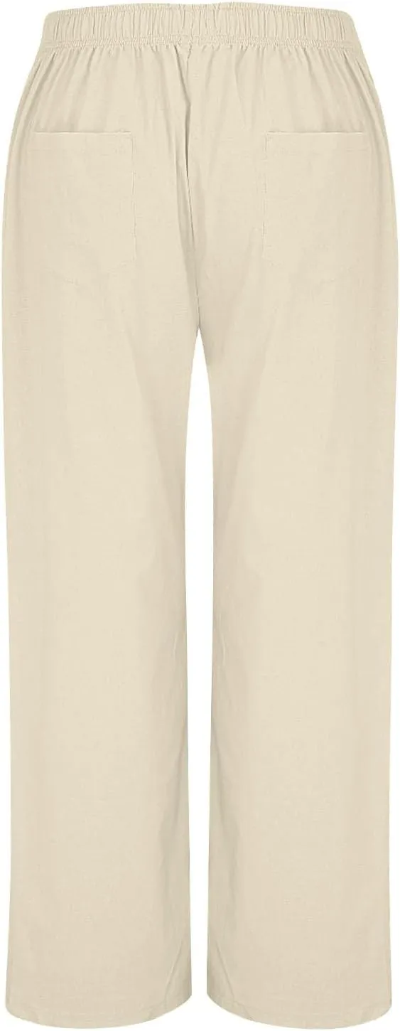 Plus Size Linen Pants Women Pull On High Waisted Casual Loose Pants 2024 Summer Boho Beach Pants with Pockets