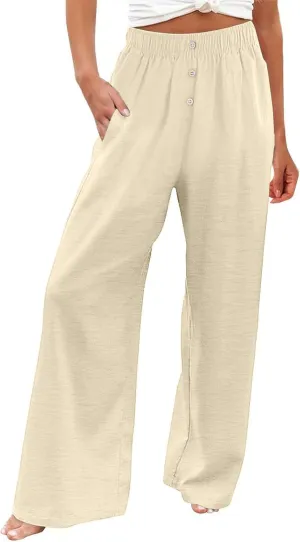 Plus Size Linen Pants Women Pull On High Waisted Casual Loose Pants 2024 Summer Boho Beach Pants with Pockets