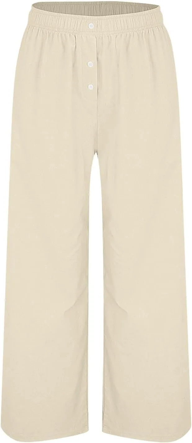 Plus Size Linen Pants Women Pull On High Waisted Casual Loose Pants 2024 Summer Boho Beach Pants with Pockets