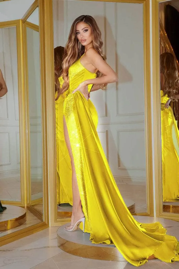 PORTIA & SCARLETT PS22158 Satin Heat-Set Stone Gown with High-Slit