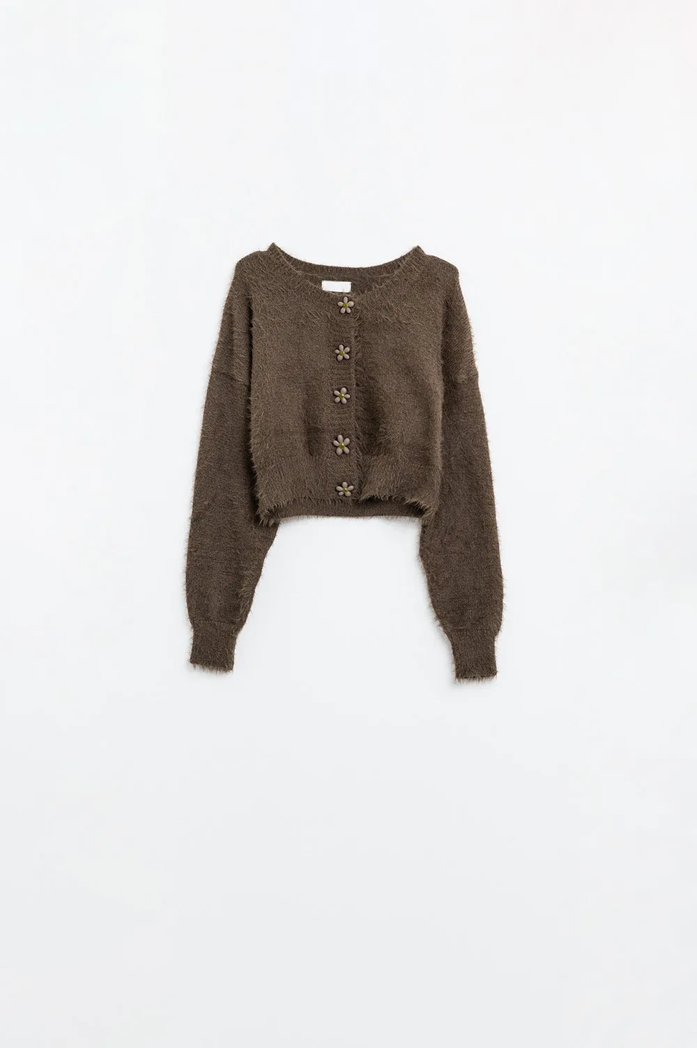 Short and fluffy brown cardigan with flower buttons