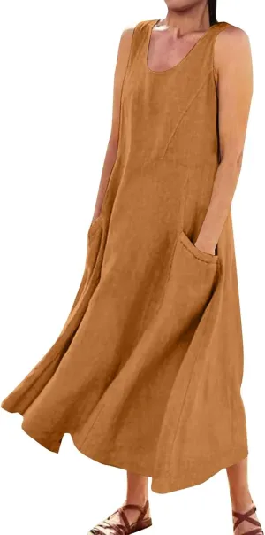 Sleeveless Dresses for Womens 2025 Casual Beach Cotton Linen Vintage Printed Plus Size Maxi Sundress with Pockets