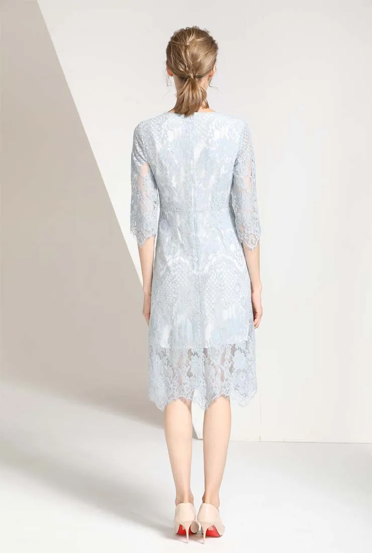 Solid Color Hollow Out Crochet Lace A-line Midi Dress
