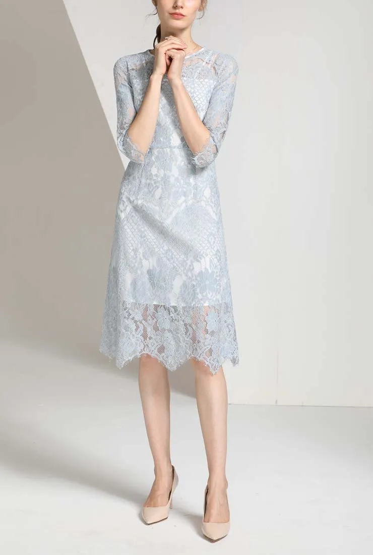Solid Color Hollow Out Crochet Lace A-line Midi Dress