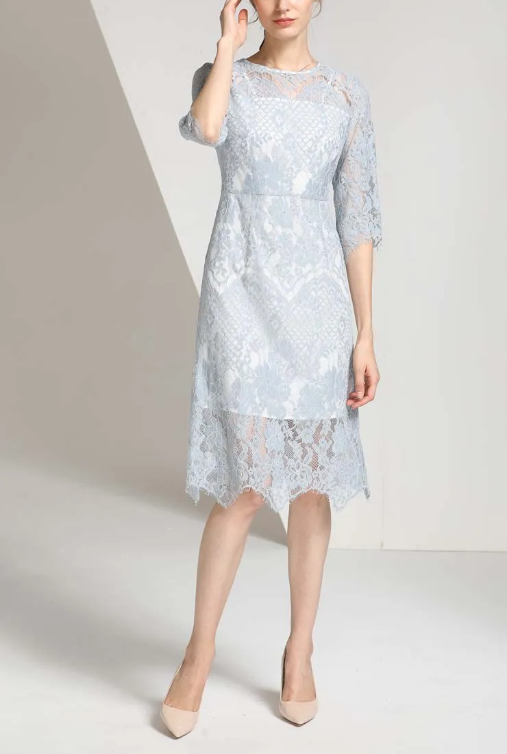 Solid Color Hollow Out Crochet Lace A-line Midi Dress