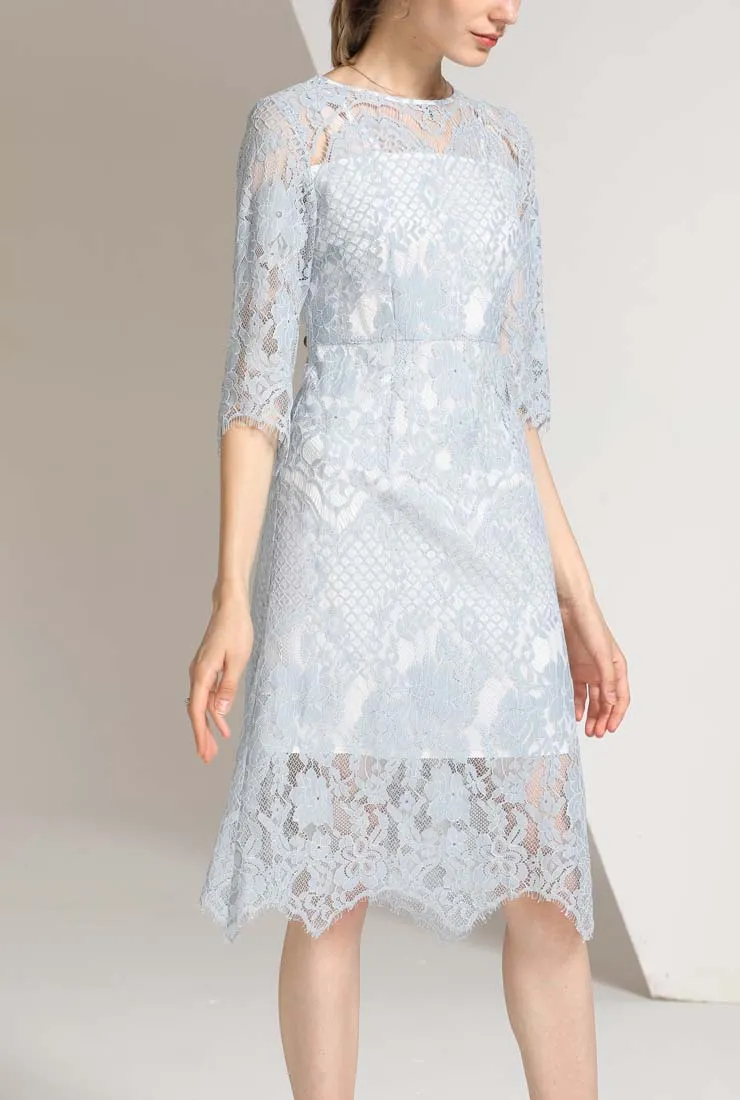 Solid Color Hollow Out Crochet Lace A-line Midi Dress