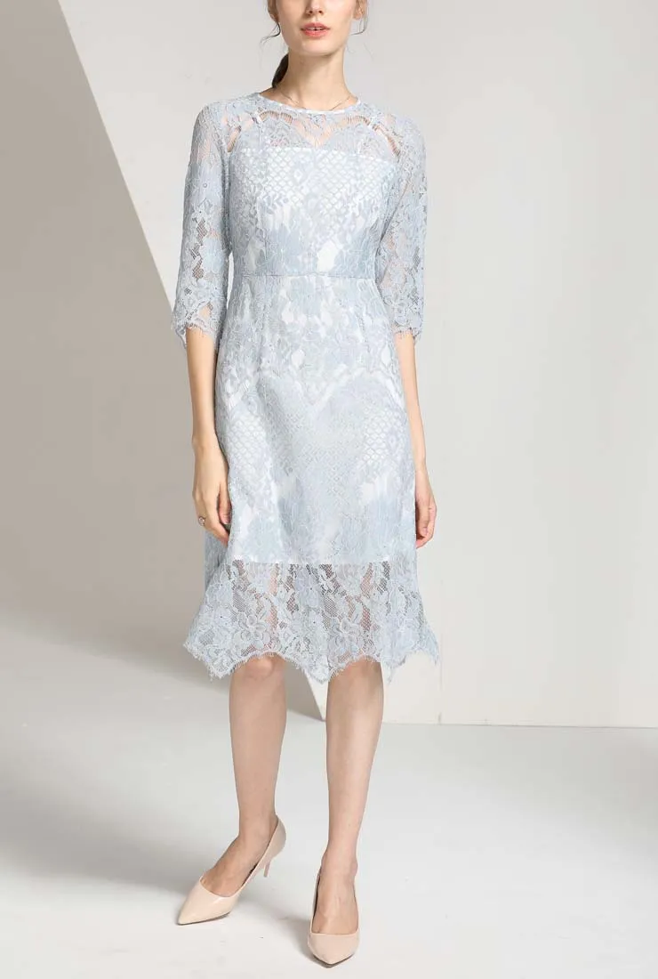 Solid Color Hollow Out Crochet Lace A-line Midi Dress