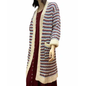 Striped Crochet Wool Long Cardigan Sweater Jacket