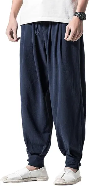 Summer Chinese Style Loose Fit Linen Pants, Mens Harem Joggers with Cuffed Legs