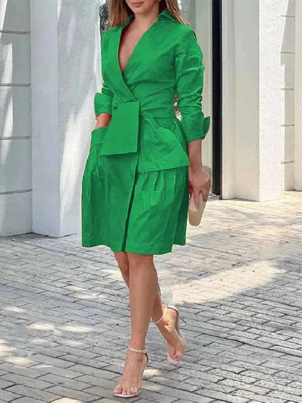 Tied Waist Deep V-Neck Mini Dress