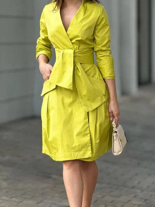 Tied Waist Deep V-Neck Mini Dress