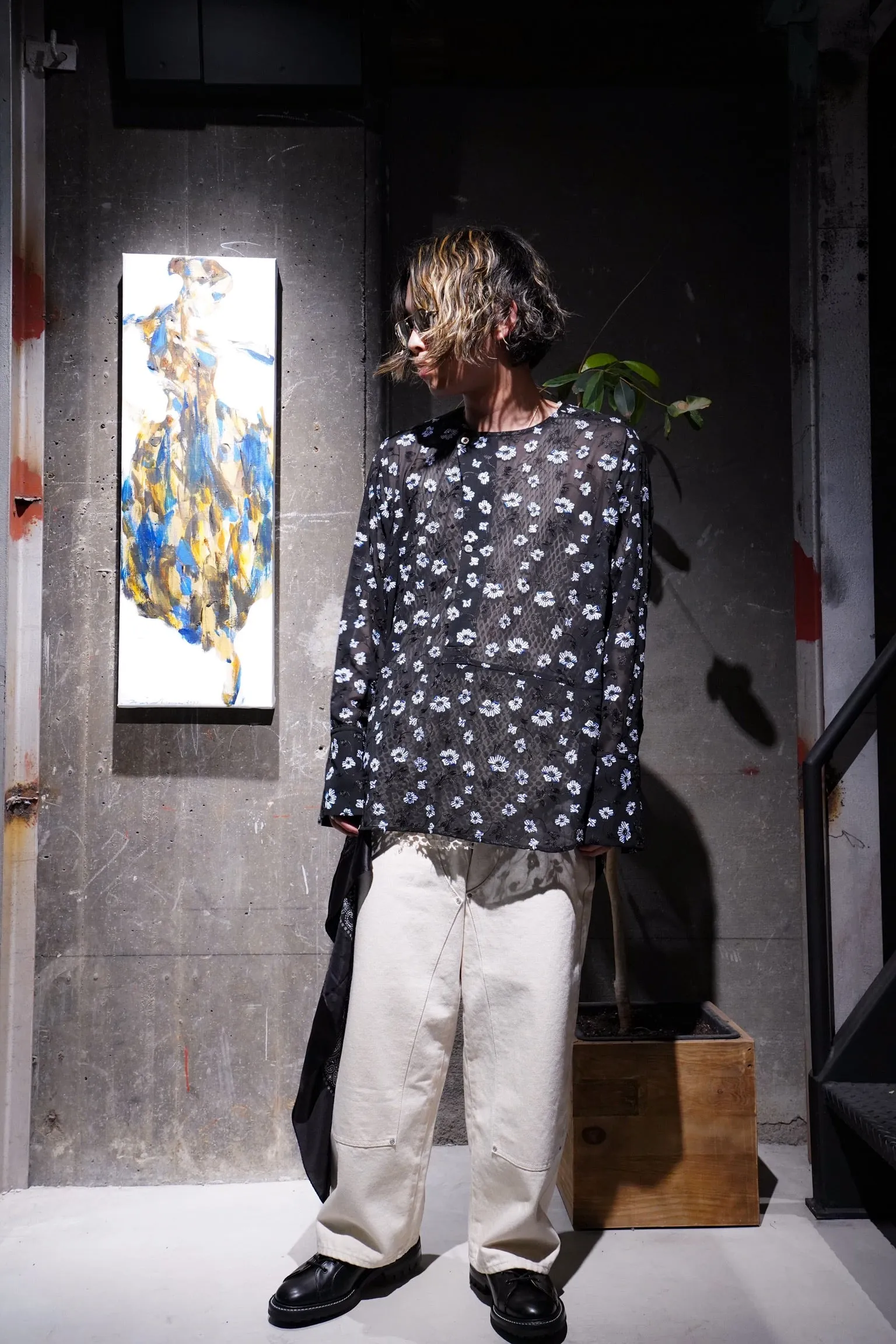 UJOH No Collar Shirts (FLOWER EMBROIDERY)