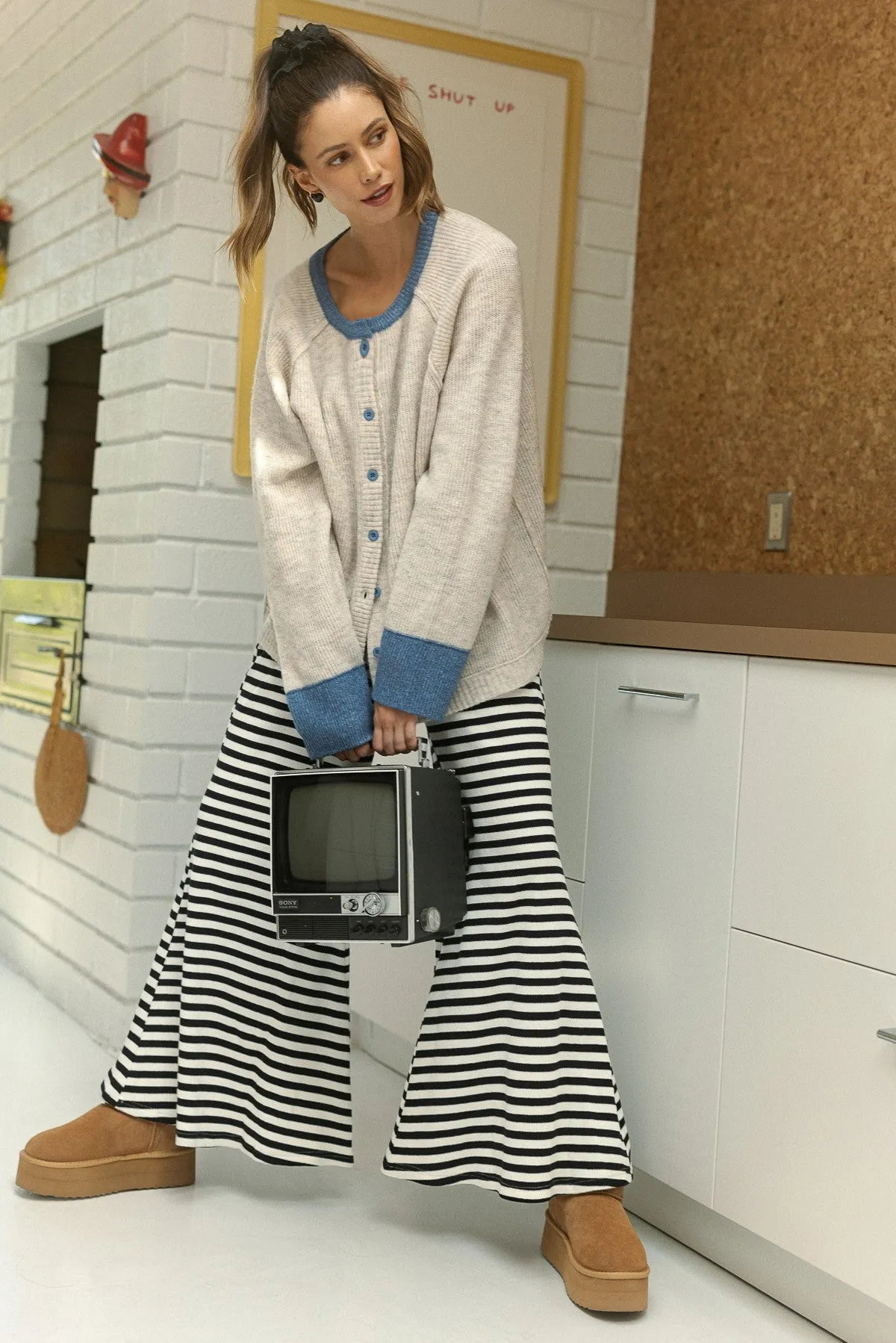 WAFFLE TEXTURED STRIPE KNIT WIDE PALAZZO PANTS