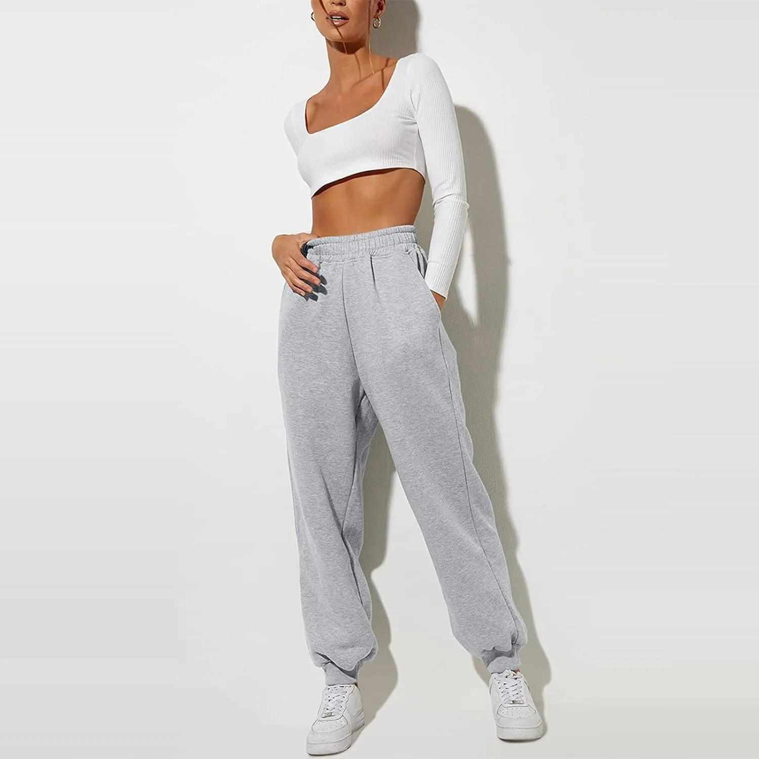Women High Waisted Baggy Sweatpants Comfortable Cotton Joggers Pants Y2k Trendy Lounge Workout Trousers with Pockets