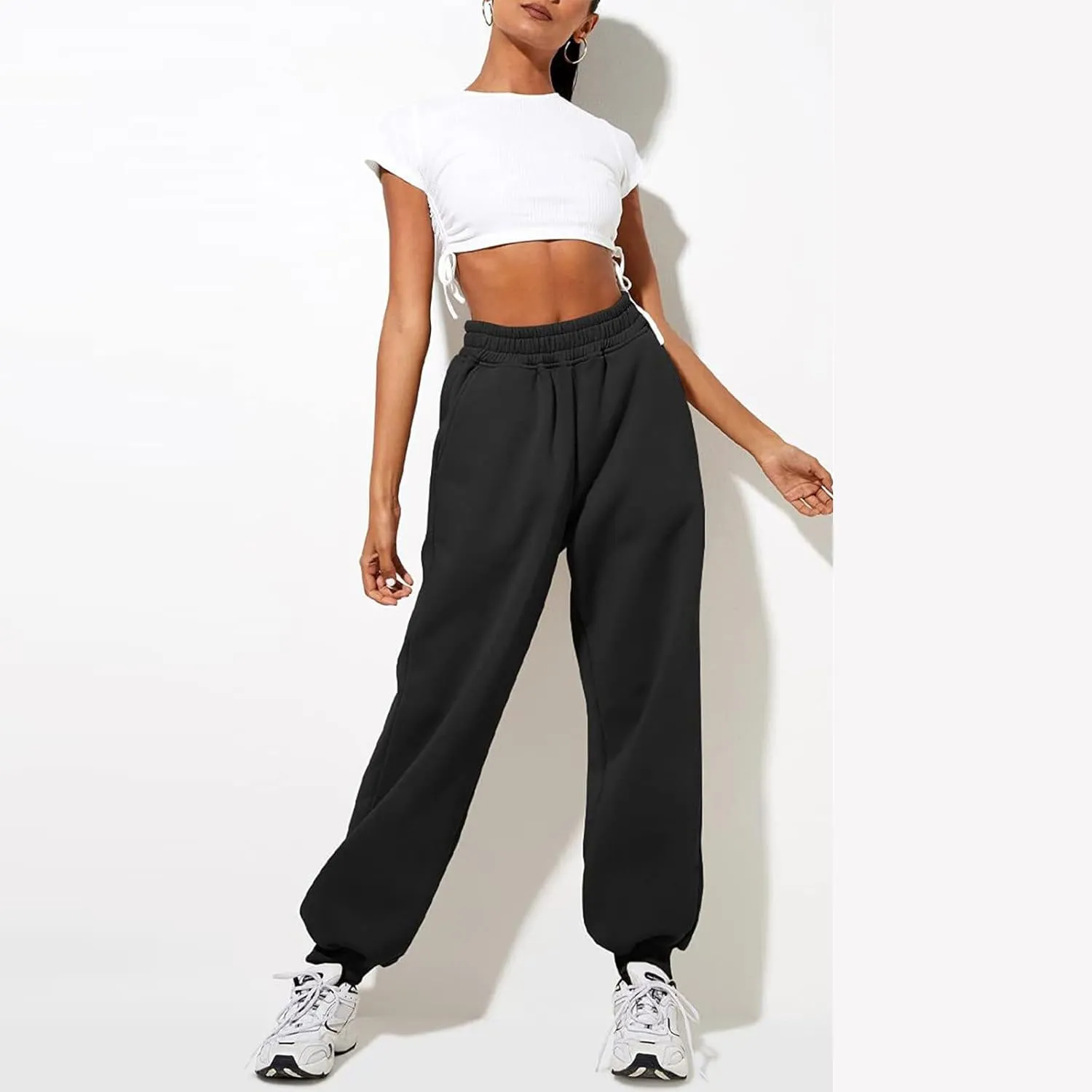 Women High Waisted Baggy Sweatpants Comfortable Cotton Joggers Pants Y2k Trendy Lounge Workout Trousers with Pockets