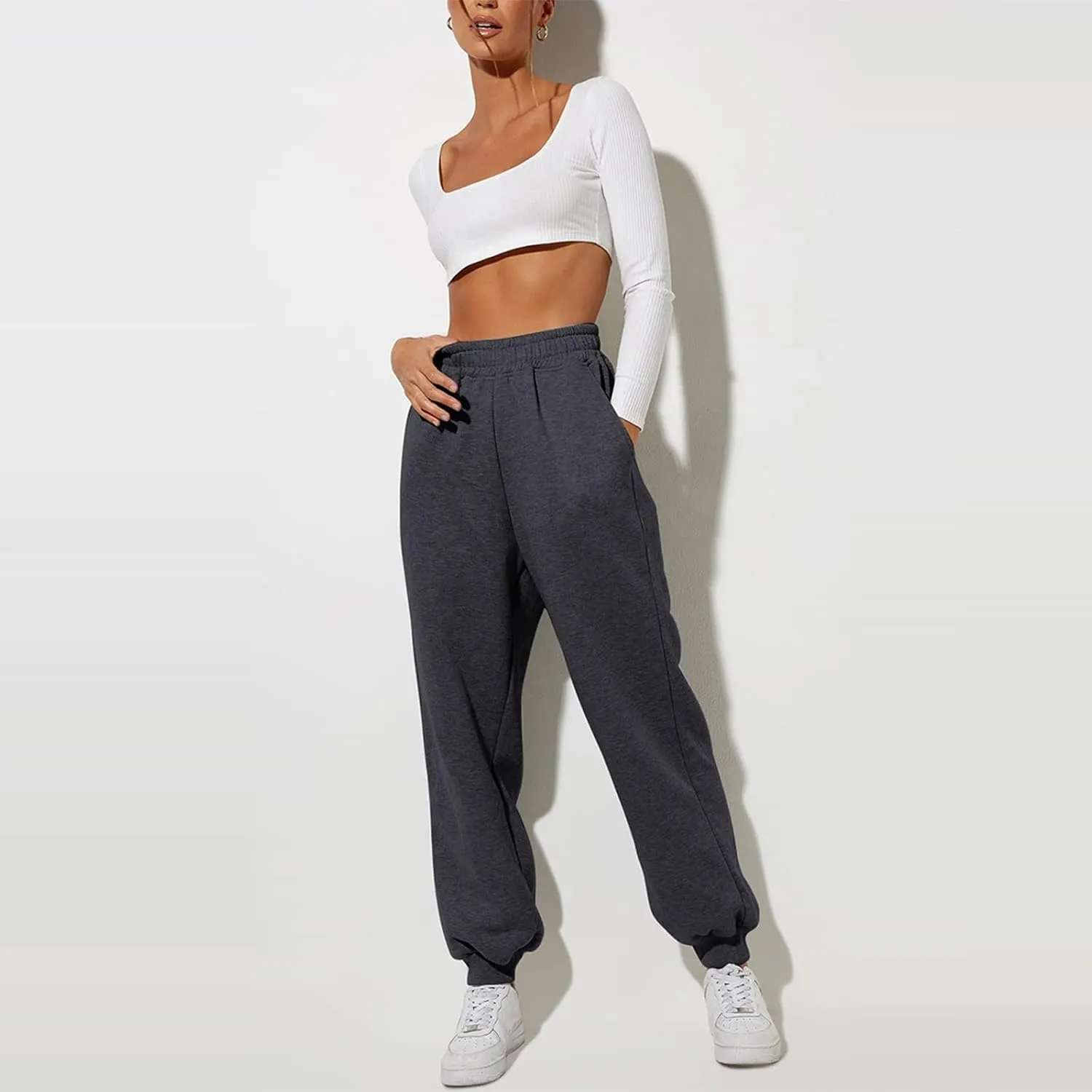 Women High Waisted Baggy Sweatpants Comfortable Cotton Joggers Pants Y2k Trendy Lounge Workout Trousers with Pockets