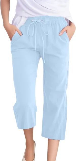 Women's Capri Summer Cotton Linen Pants Casual Comfy Soft High Waisted Cropped Trouser Beach Travel Outfits