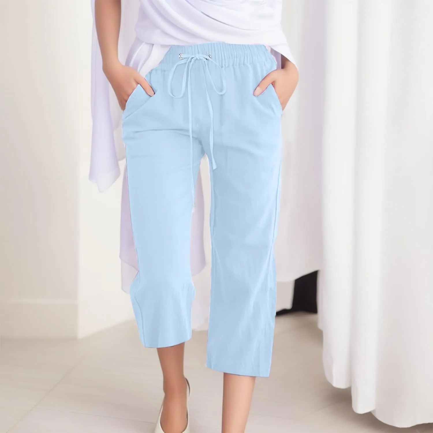Women's Capri Summer Cotton Linen Pants Casual Comfy Soft High Waisted Cropped Trouser Beach Travel Outfits