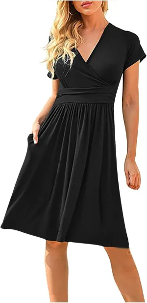 Women's Fashion Short Sleeve Printed Pocket Midi Length Casual Skirt Mix Dresses for Women