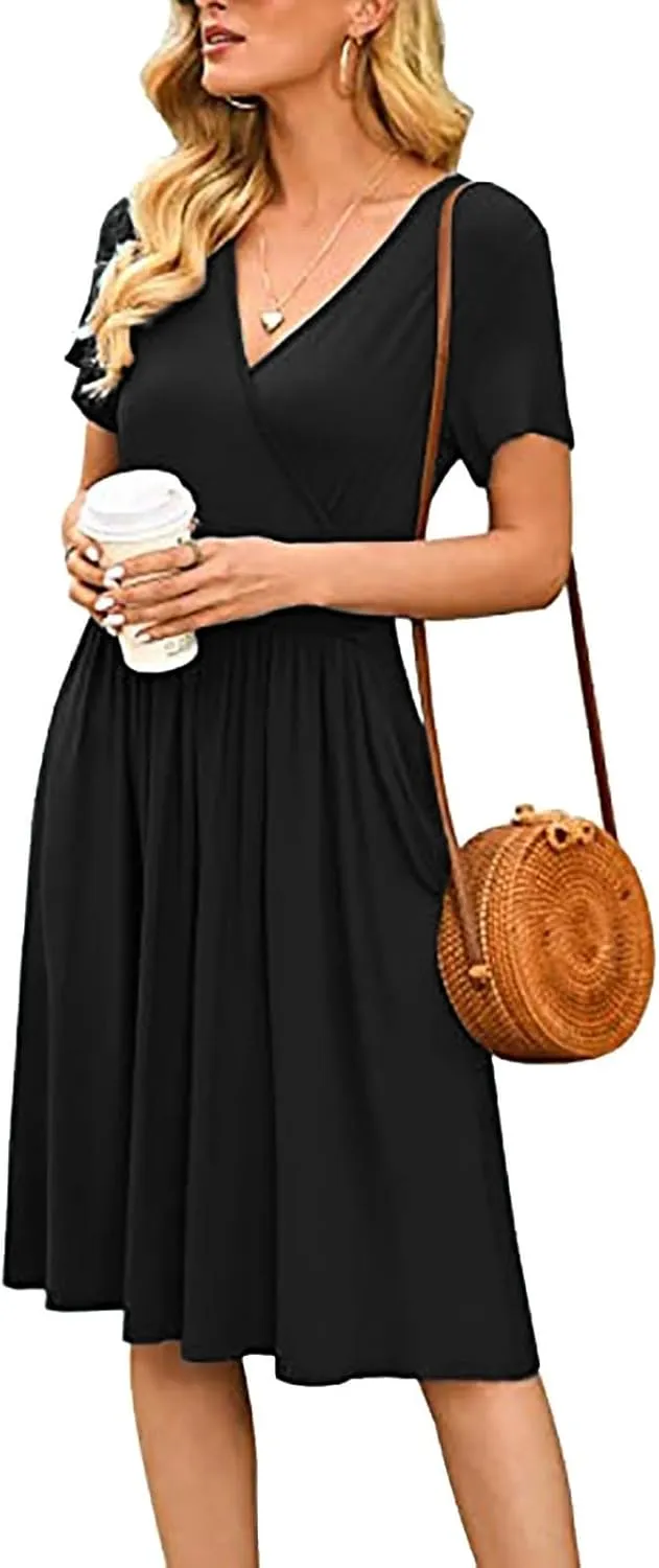 Women's Fashion Short Sleeve Printed Pocket Midi Length Casual Skirt Mix Dresses for Women
