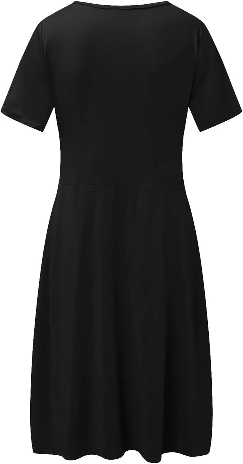 Women's Fashion Short Sleeve Printed Pocket Midi Length Casual Skirt Mix Dresses for Women