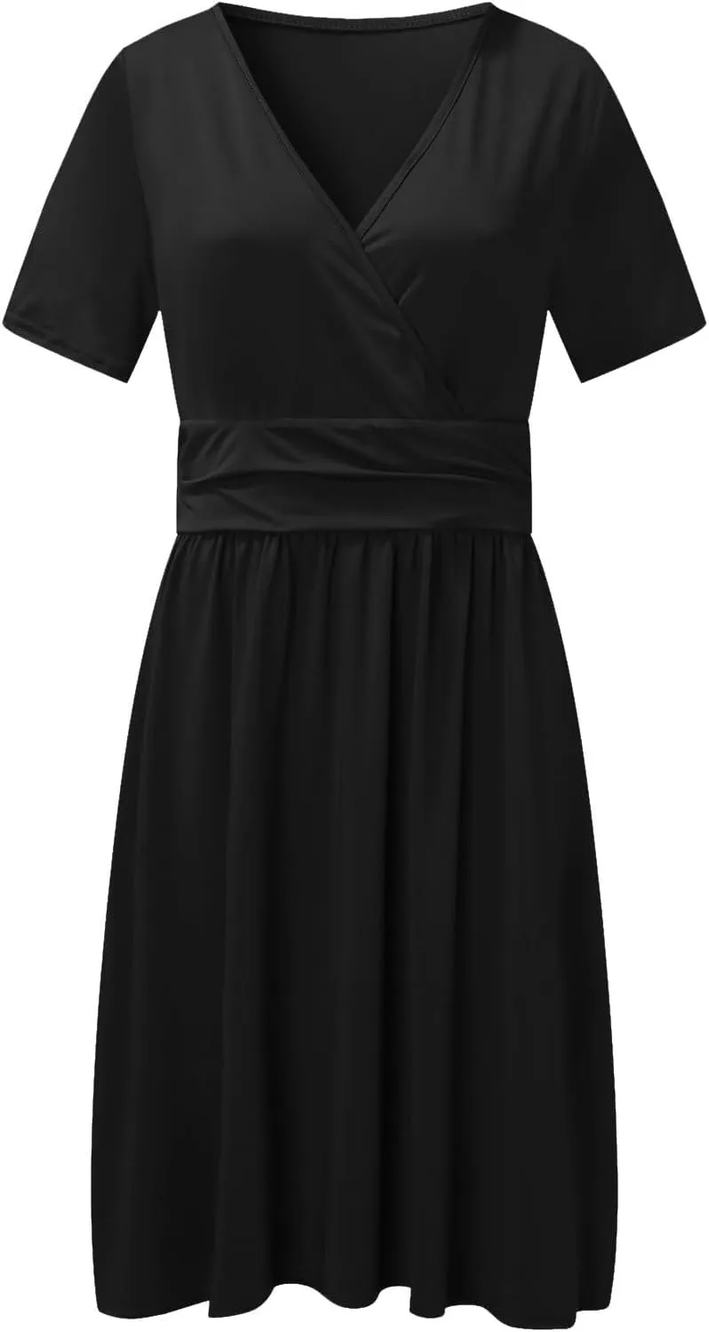 Women's Fashion Short Sleeve Printed Pocket Midi Length Casual Skirt Mix Dresses for Women