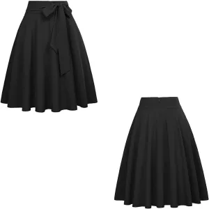 Women's Pleated Vintage Skirt High Waist Flare Swing A-Line Midi Skirts Fashion Self Tie Bowknot Front Zipper Skirt