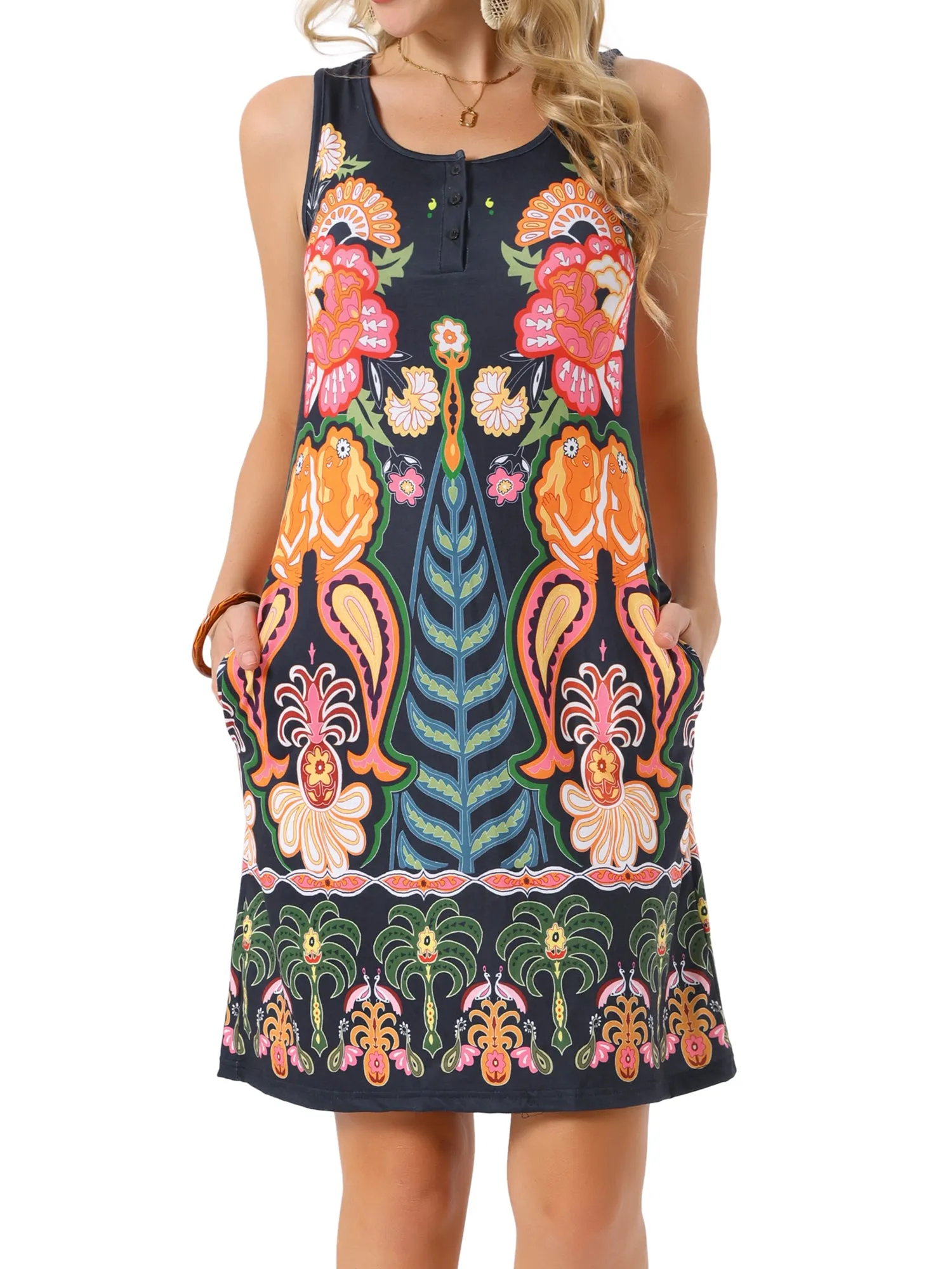 Women's Summer Dresses Loose Scoop Neck Sleeveless Sundresses with Pockets t Shirt Swing Dress