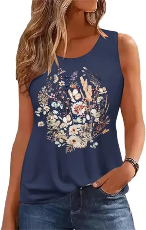 Women's Summer Tank Tops Sleeveless Vintage Flower Graphic Tees Boho Cottagecore Wildflowers Cami Shirt Blouse