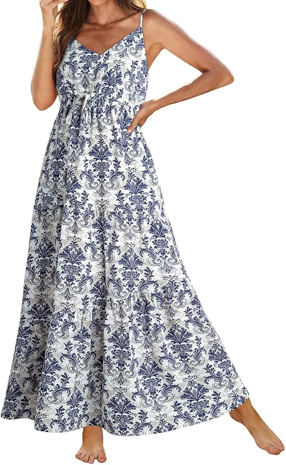 ZYXTIM Womens Summer Dresses 2025 V Neck Sleeveless Flowy Beach Dress Floral Printed High Waist A-line Sundress Long Dress