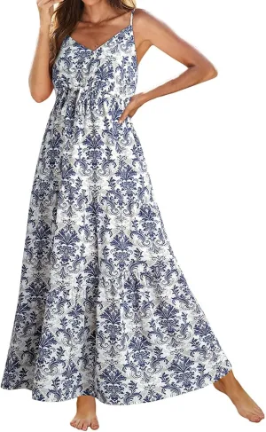 ZYXTIM Womens Summer Dresses 2025 V Neck Sleeveless Flowy Beach Dress Floral Printed High Waist A-line Sundress Long Dress